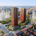 Arial view rendering of Dream Lebreton towers next to the new Ādisōke public library.