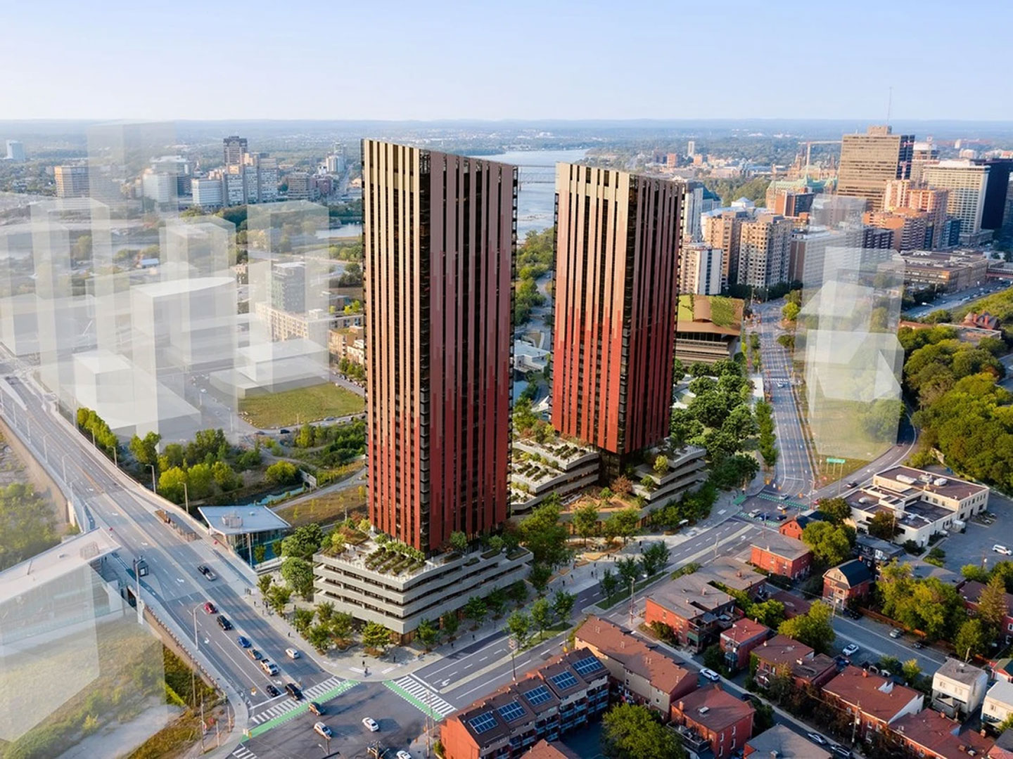 Arial view rendering of Dream Lebreton towers next to the new Ādisōke public library.
